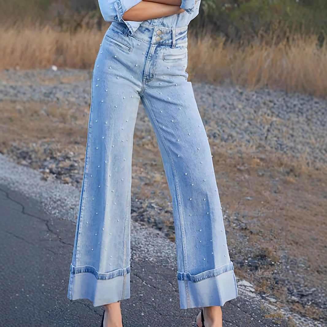 European And American High Waist Beaded Stretch Curling Jeans Wide Leg