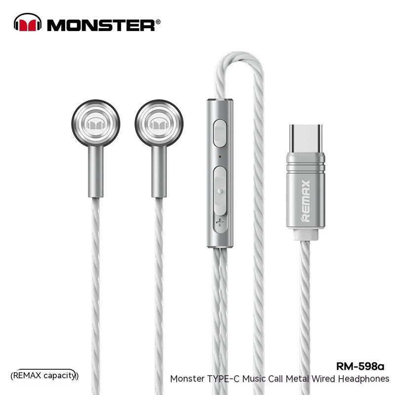 Monster Remax Metal In-Ears Earphone Tws Earbuds Wired Type-C Lightning Round Hole E-Sports Headphones For A Pple H Uawei Xiaomi