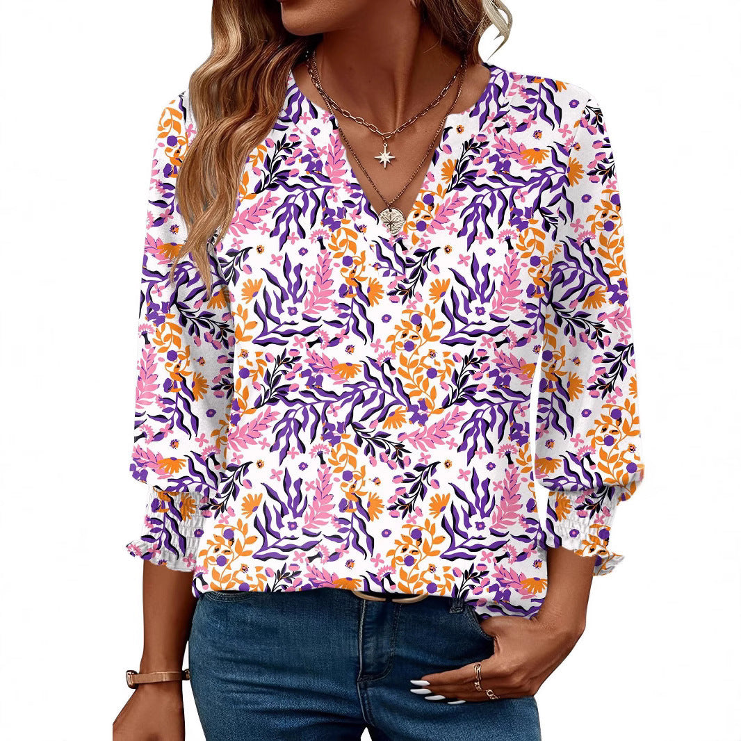 Fashion Tops Three-quarter Sleeve Flower Print Casual Shirt