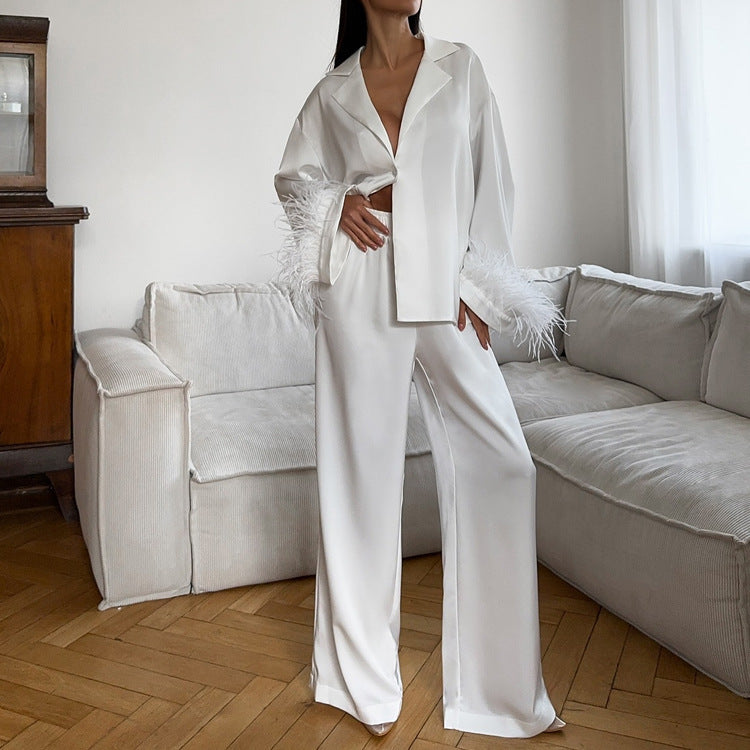 Stitching Design Feather Long Sleeve Lapel Top Casual Trousers Two-piece Set