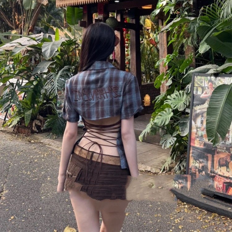 American Hot Girl Backless Lace Up Plaid Shirt Women's Spring And Summer New Slim Fit