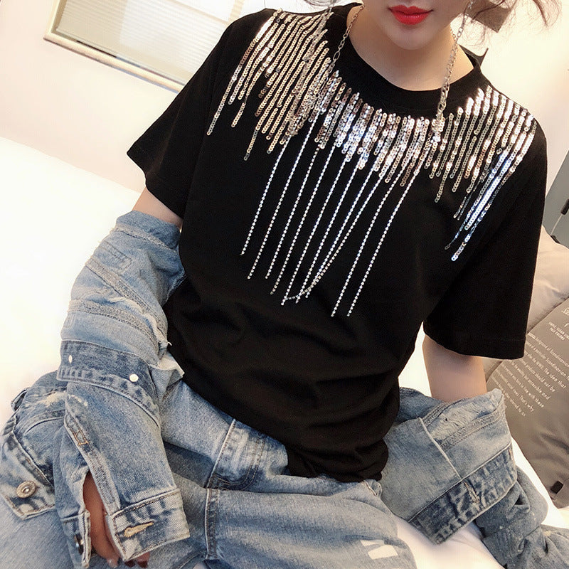 Sequin Rhinestones Tassel Women's Short Sleeve Spring And Summer New