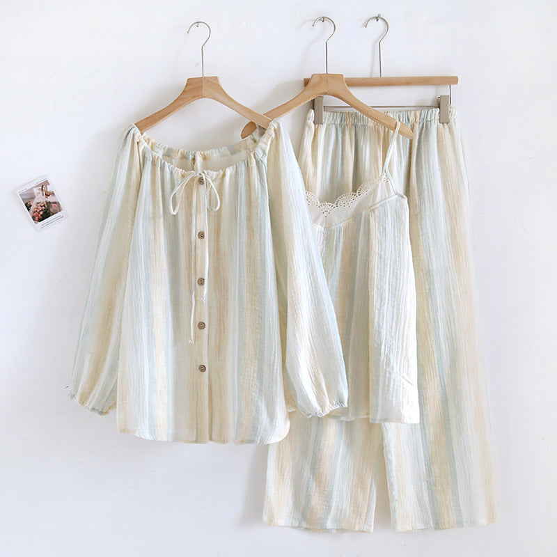 Cotton Crepe Three-piece Pajamas Women's Long-sleeved Cardigan Strap Lace