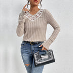 Women's Slim-fit T-shirt Lace V-neck Patchwork Texture Sunken Stripe Knitted Top