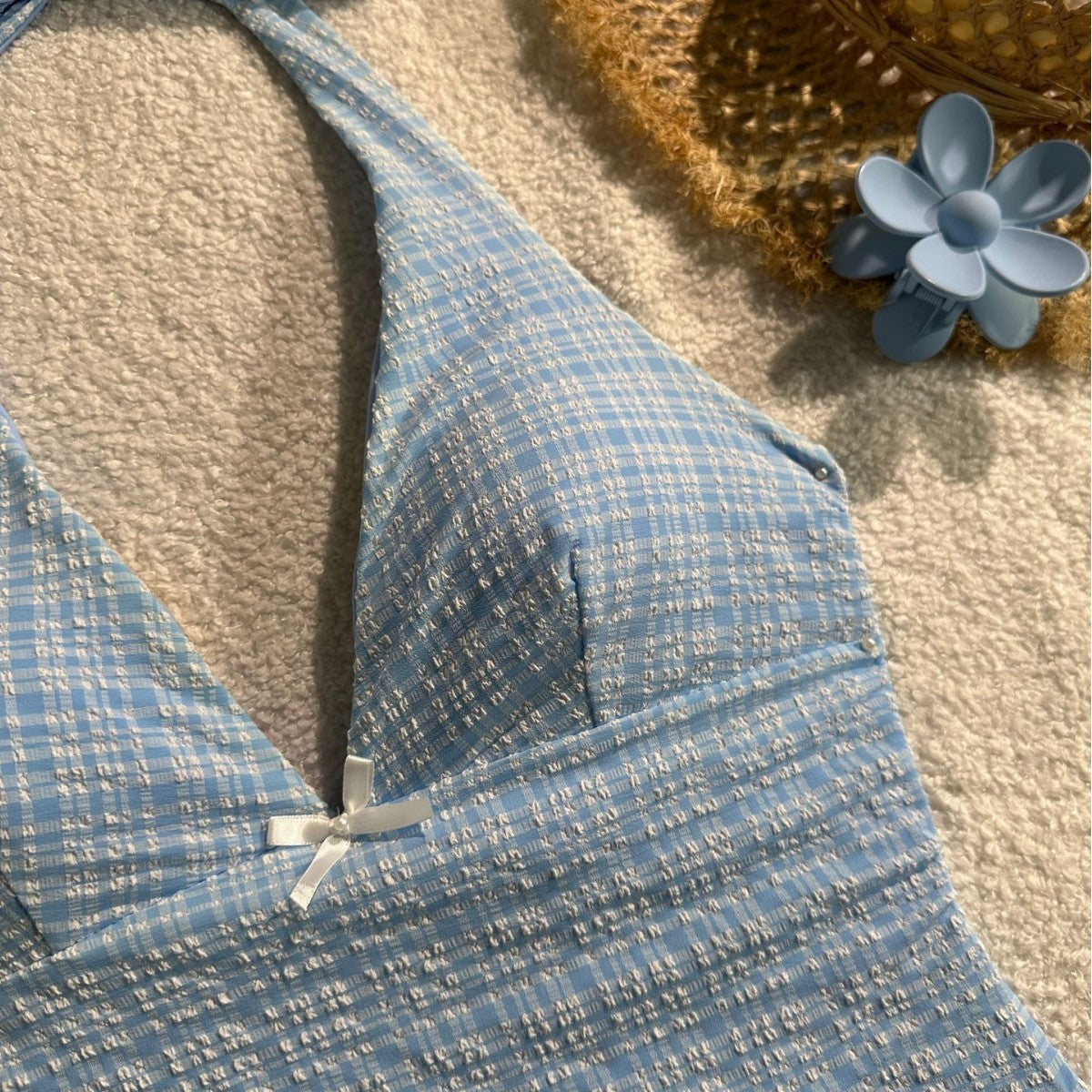 Plaid Collar Sleeveless Slim Fit Top Drawstring Short Lace Pants Suit Women's Swimsuit