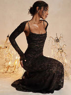 Lace Dress Elegant Retro Cream White Long Dress Women's Sexy Mesh Bodycon Evening Gown