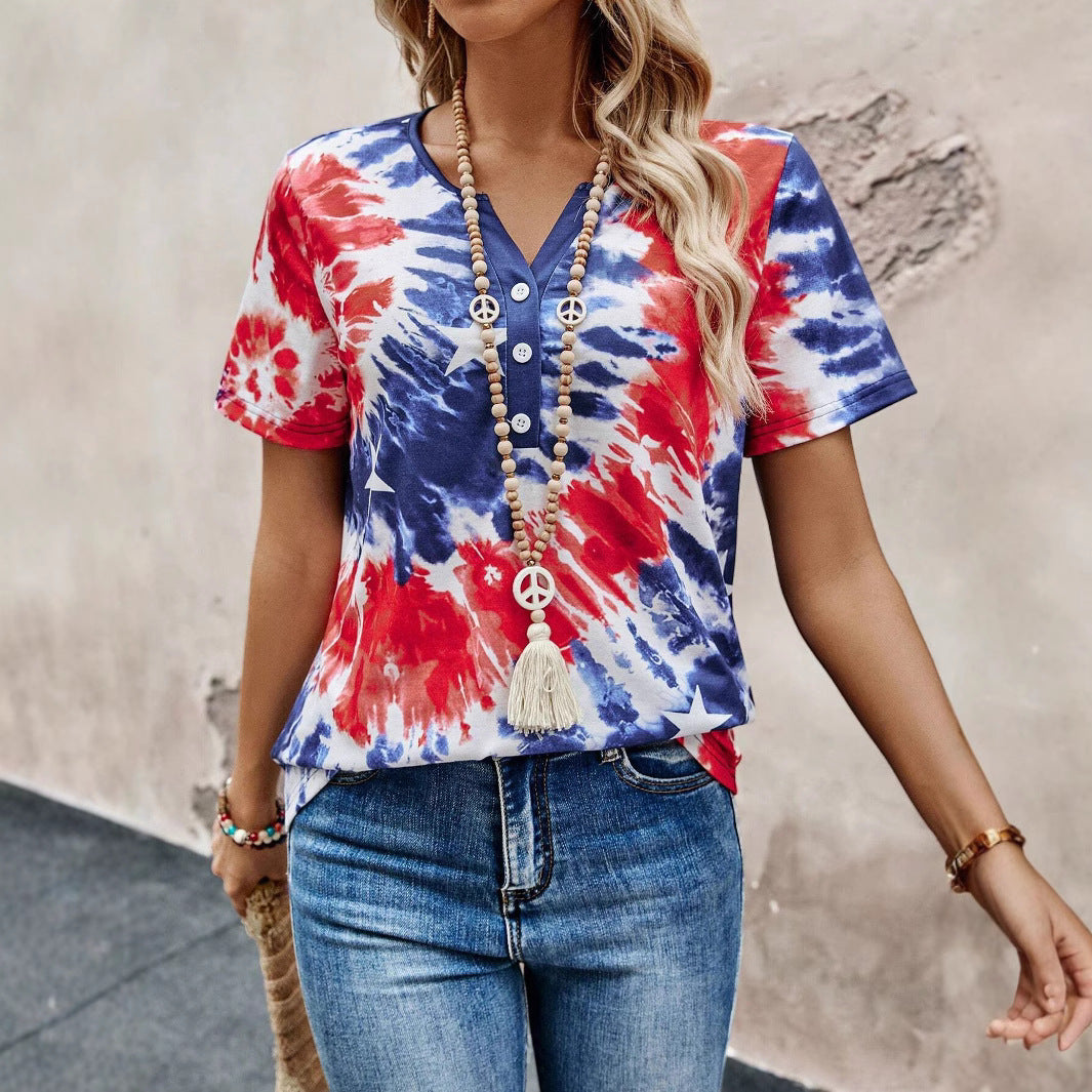 Women's Top V-neck Buttons Tie-dye Printing