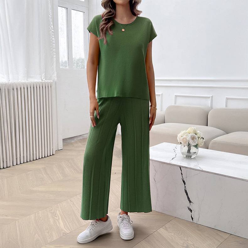 Simple Casual Style Solid Color Top Wide Leg Sweater Suit