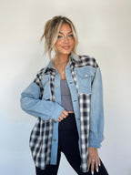Loose Women's Denim Stitching Plaid Coat Top