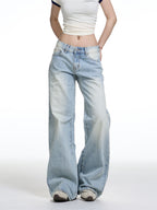 American Retro Washed Wide Leg Jeans Women's Low Waist Loose Straight