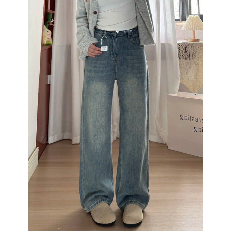 Retro Blue Wide Leg Jeans Women's Spring And Autumn High Waist Loose
