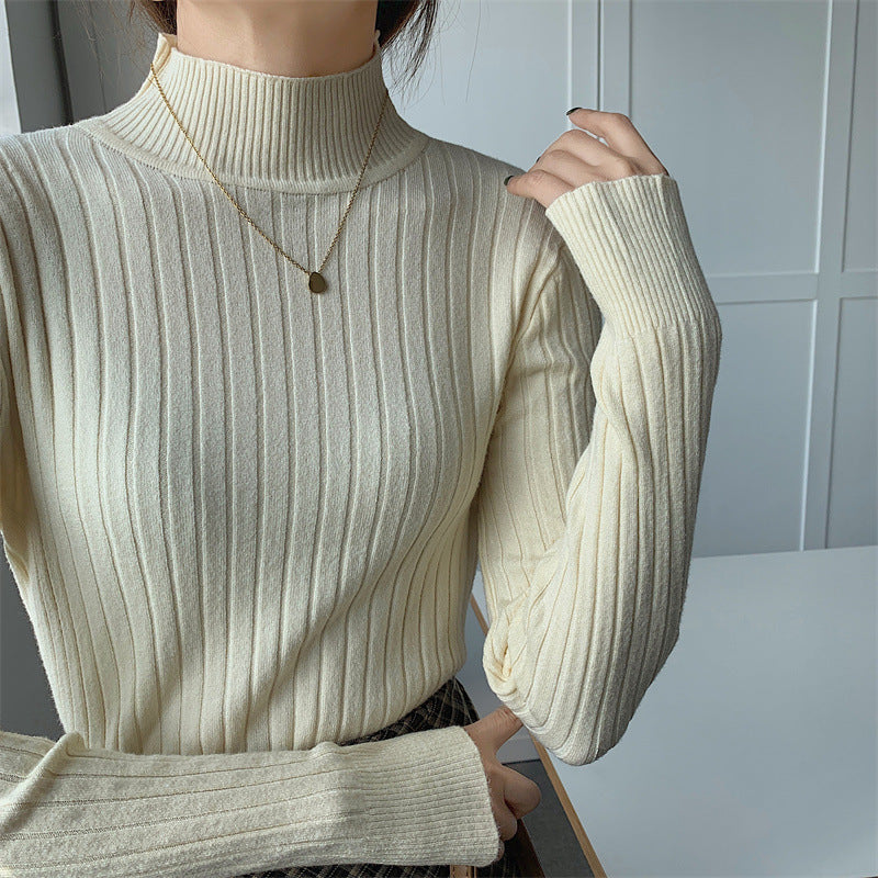 Half-high Collar Long Sleeves Knitted Bottoming Shirt Top For Women