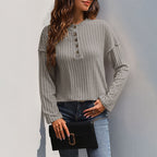 Button Round Neck Brushed Sunken Stripe Simple Casual All-match T-shirt
