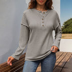 Button Round Neck Brushed Sunken Stripe Simple Casual All-match T-shirt