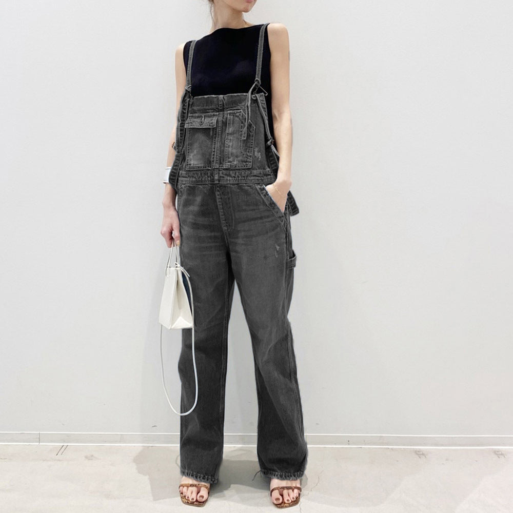 Fashion Casual Washed Classic Blue Suspender Loose Cargo Pants Denim Jumpsuit