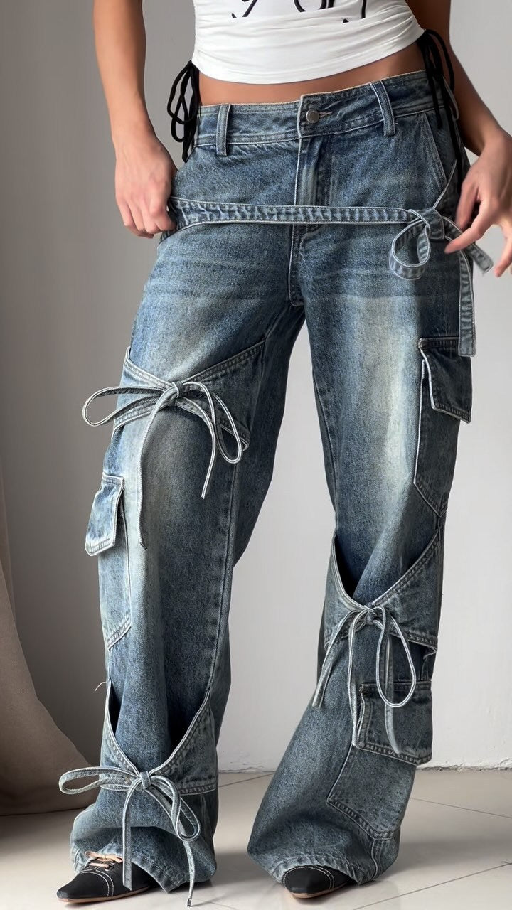 Denim Utility Jeans With Knot - Tied Elements